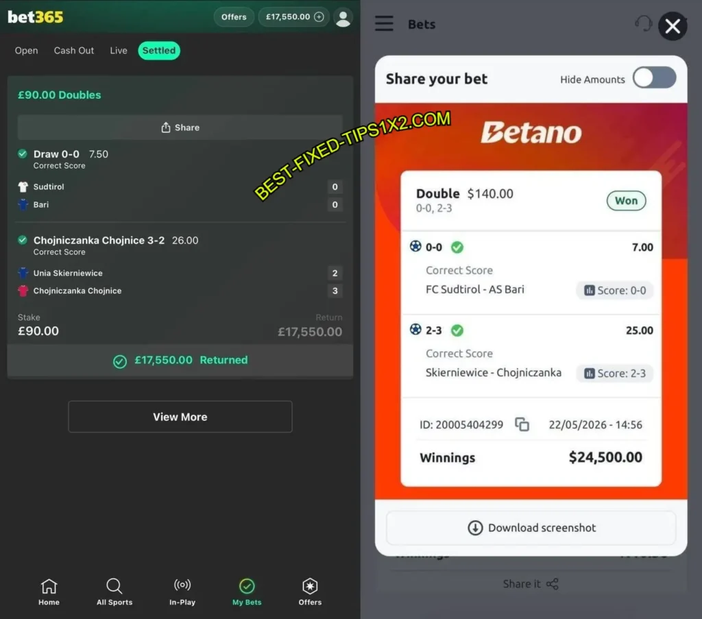BETANO CORRECT SCORE MATCHES