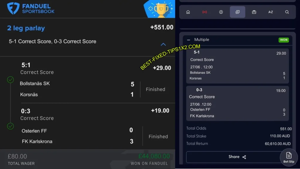 FANDUEL CORRECT SCORE FIXED MATCHES